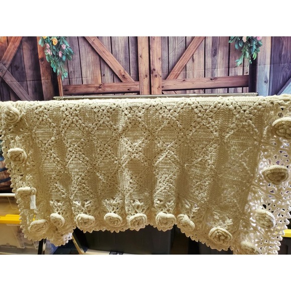 Handmade Crochet Throw Blanket Cream Afghan Lacey Rose Flower Granny Square